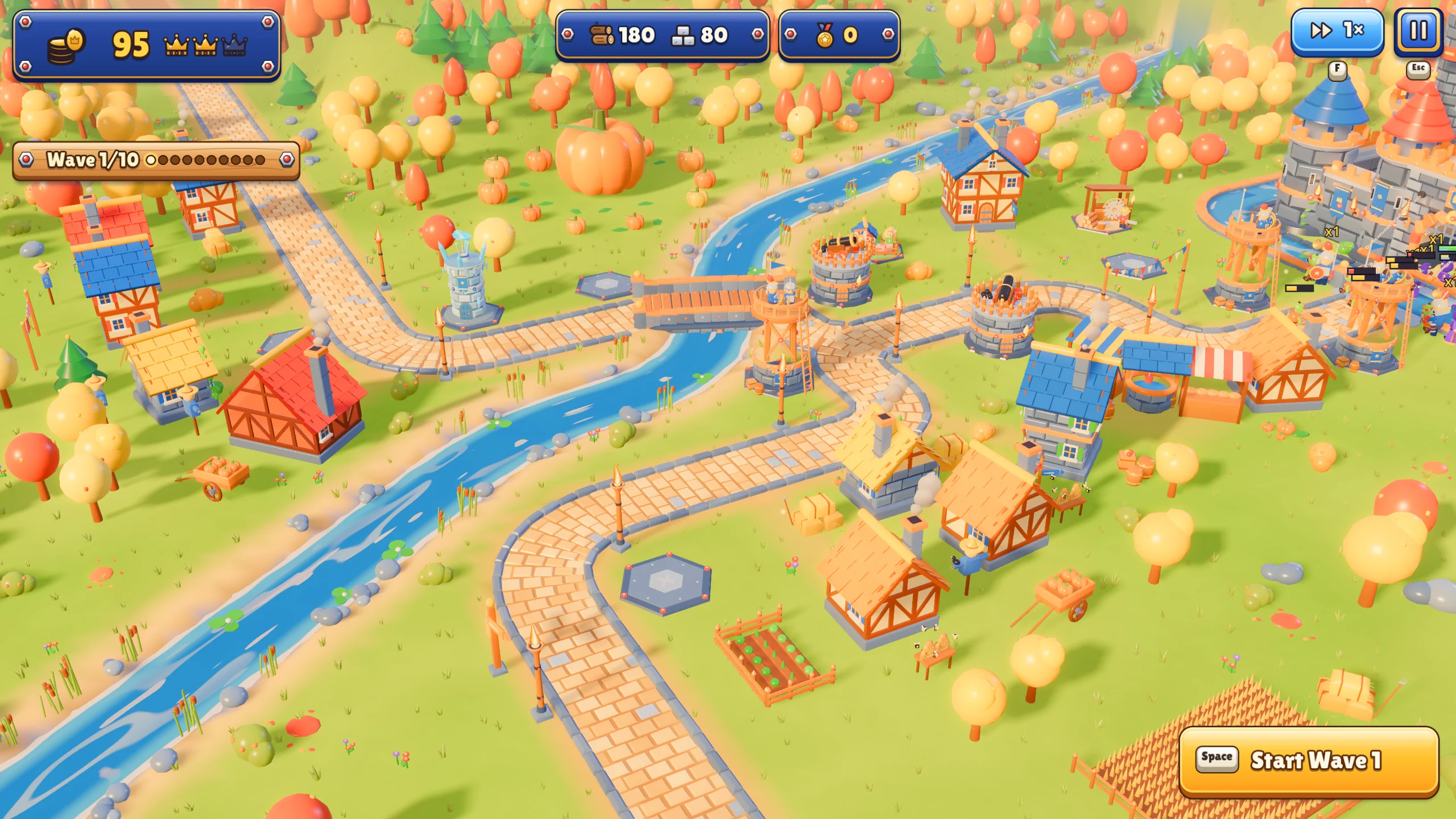 Gameplay with the build menu and wave controls