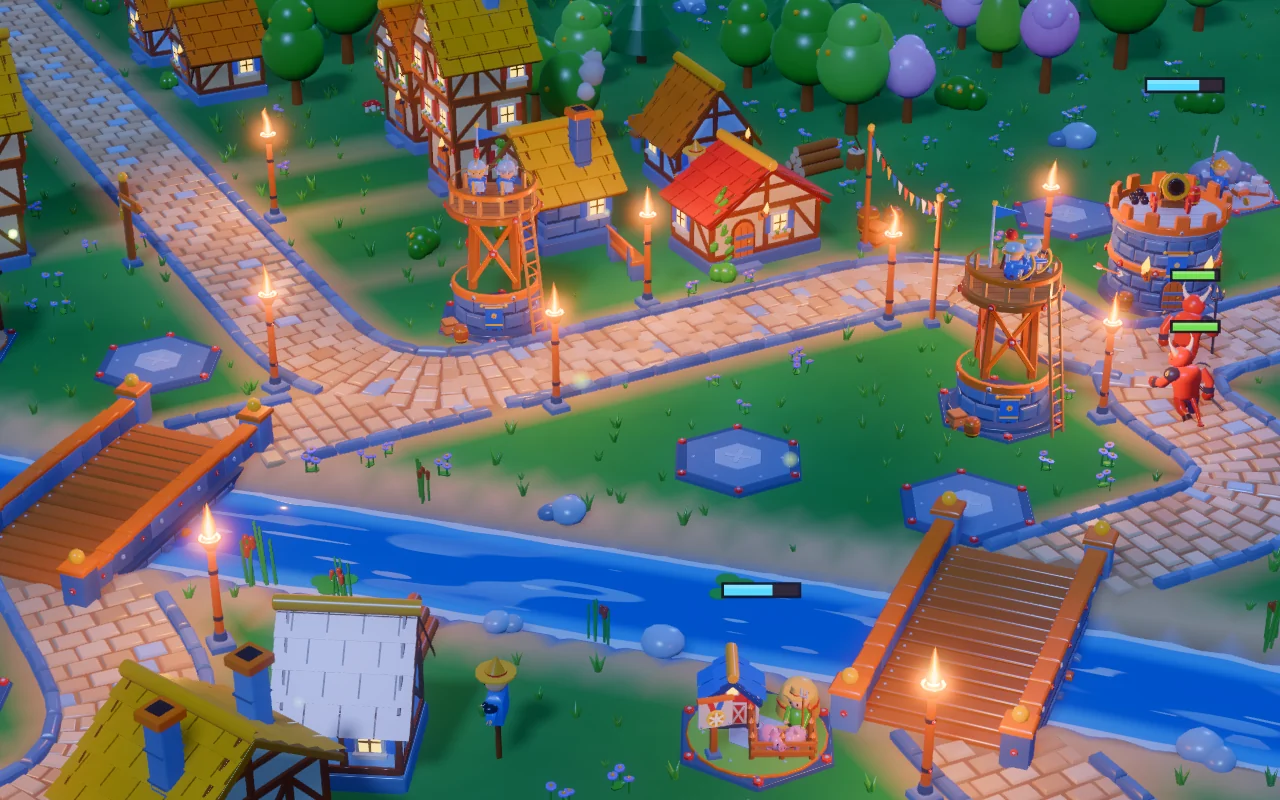 Lamp-lit towers and bridges during the Night Siege